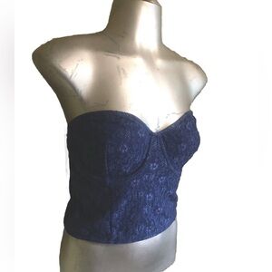 Vintage 90s Dark Perwinkle Blue Lace Strapless Bustier Crop Top 36D